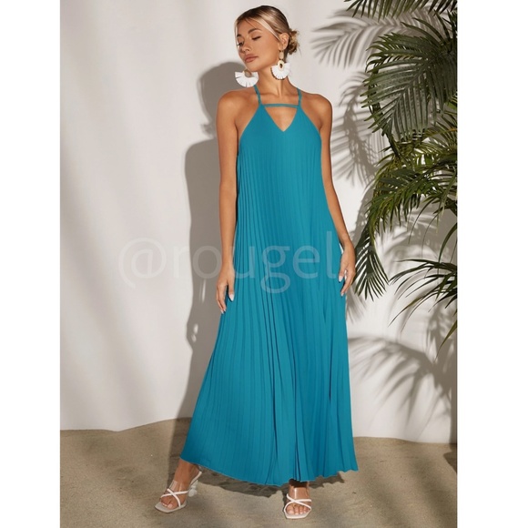 Blue Pleated A-Line Maxi Dress Criss Cross Back Straps - Picture 6 of 8